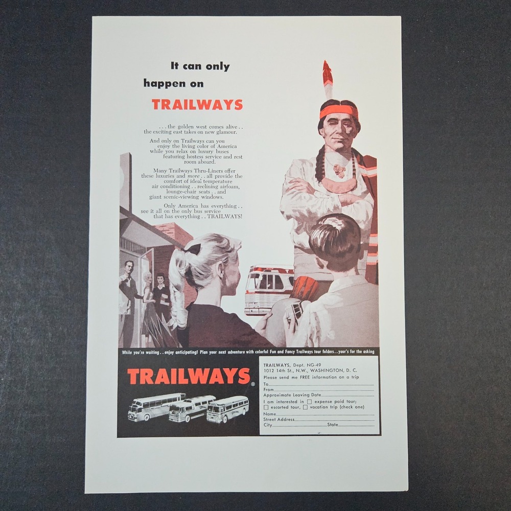 1959 Trailways Luxury Bus Lines Vintage Print Ad Native American Washington DC